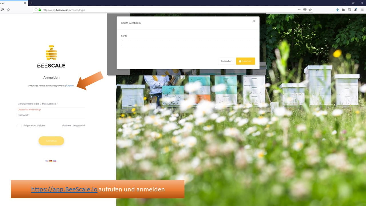 Anmeldung in dem Webportal von der Bienenstockwaage